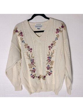 Vintage Izod Club Cream Cotton Hand Embroidered V Neck Sweater L